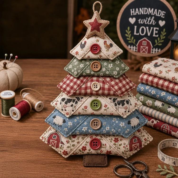Layered Fabric Tree Ornament DIY Sewing Kit with Button, Christmas, Halloween, Flowers, Ocean, Music Note, Farm