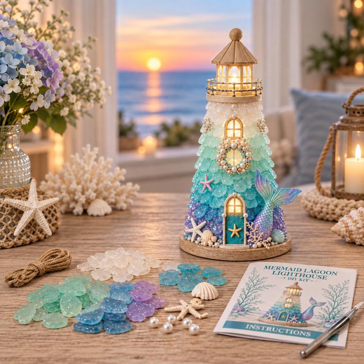 DIY Lighted Sea Glass Lighthouse Kit, Sea Glass, Coral Reefs, Rose Latte, Sunflower, Moonstone, Hummingbird, Sunset Beach, Coastal Christmas, Mermaid Lagoon, Halloween Coast, Treasure Cove