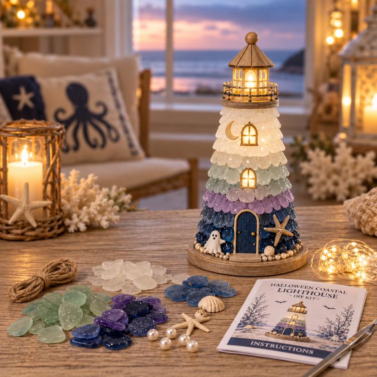 DIY Lighted Sea Glass Lighthouse Kit, Sea Glass, Coral Reefs, Rose Latte, Sunflower, Moonstone, Hummingbird, Sunset Beach, Coastal Christmas, Mermaid Lagoon, Halloween Coast, Treasure Cove