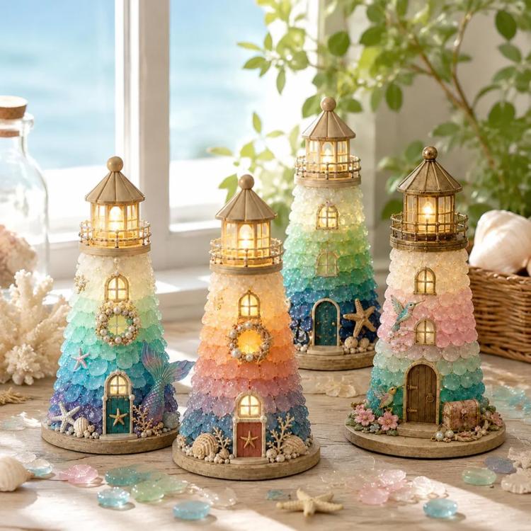 DIY Lighted Sea Glass Lighthouse Kit, Sea Glass, Coral Reefs, Rose Latte, Sunflower, Moonstone, Hummingbird, Sunset Beach, Coastal Christmas, Mermaid Lagoon, Halloween Coast, Treasure Cove