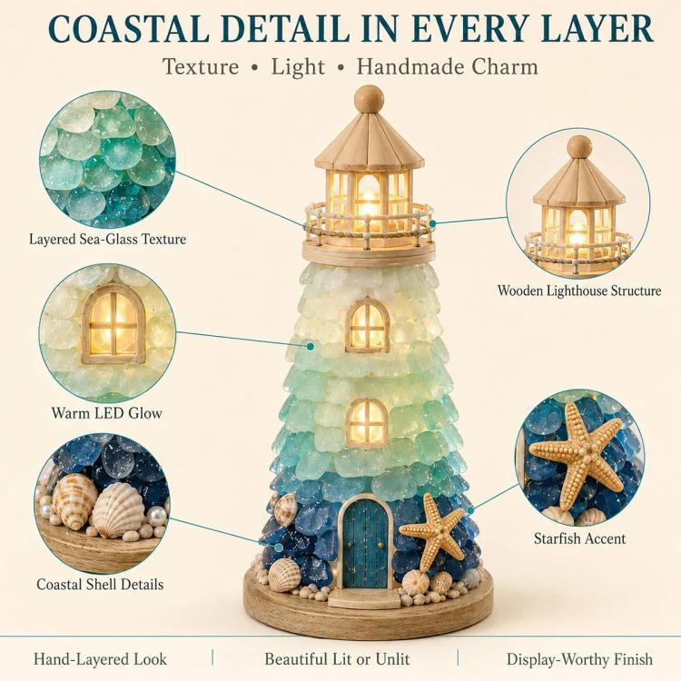DIY Lighted Sea Glass Lighthouse Kit, Sea Glass, Coral Reefs, Rose Latte, Sunflower, Moonstone, Hummingbird, Sunset Beach, Coastal Christmas, Mermaid Lagoon, Halloween Coast, Treasure Cove