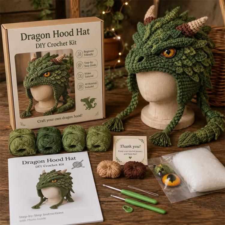 Hood Hat DIY Crochet Kit, Demon Dragon, Grey Wolf, Fox, Frog, Demonic Skull, Pumpkin Monster, Highland Cattle