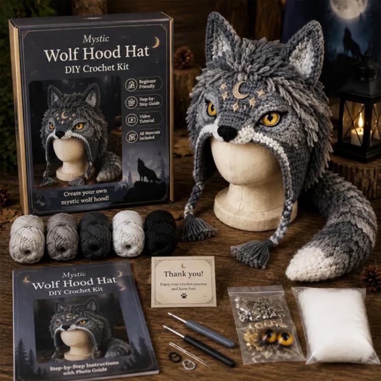 Hood Hat DIY Crochet Kit, Demon Dragon, Grey Wolf, Fox, Frog, Demonic Skull, Pumpkin Monster, Highland Cattle