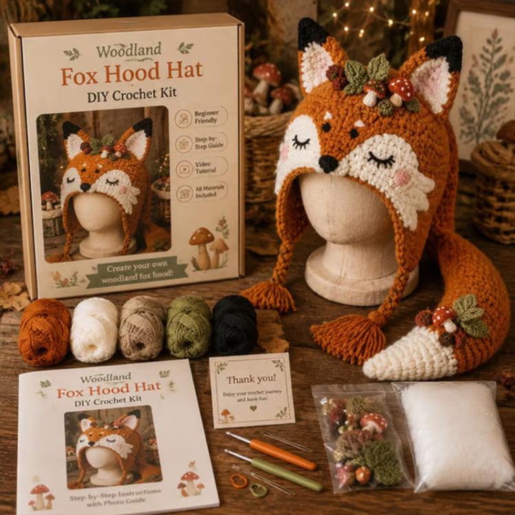 Hood Hat DIY Crochet Kit, Demon Dragon, Grey Wolf, Fox, Frog, Demonic Skull, Pumpkin Monster, Highland Cattle