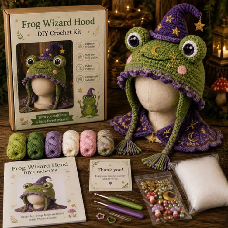 Hood Hat DIY Crochet Kit, Demon Dragon, Grey Wolf, Fox, Frog, Demonic Skull, Pumpkin Monster, Highland Cattle