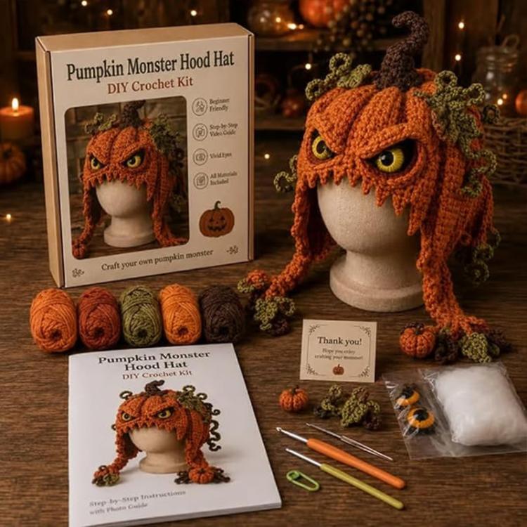 Hood Hat DIY Crochet Kit, Demon Dragon, Grey Wolf, Fox, Frog, Demonic Skull, Pumpkin Monster, Highland Cattle