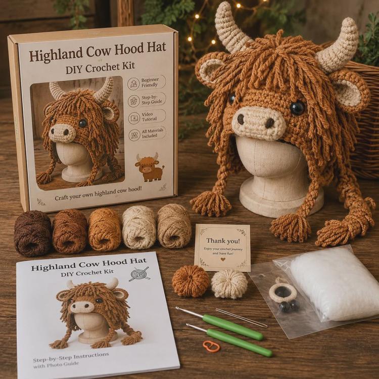 Hood Hat DIY Crochet Kit, Demon Dragon, Grey Wolf, Fox, Frog, Demonic Skull, Pumpkin Monster, Highland Cattle