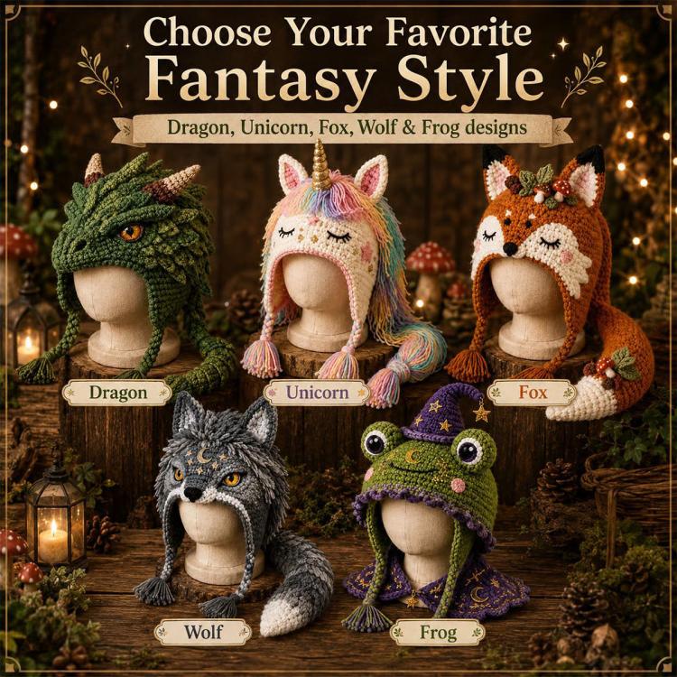 Hood Hat DIY Crochet Kit, Demon Dragon, Grey Wolf, Fox, Frog, Demonic Skull, Pumpkin Monster, Highland Cattle