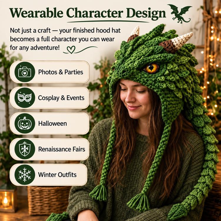 Hood Hat DIY Crochet Kit, Demon Dragon, Grey Wolf, Fox, Frog, Demonic Skull, Pumpkin Monster, Highland Cattle