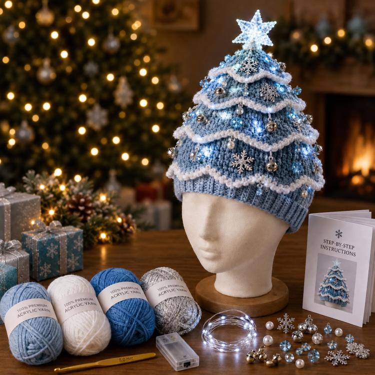 Lighted Christmas Tree Crochet Hat DIY Kit, Christmas, Halloween, Ice Crystals, Pearlescent, Candy Land, Rural Radiance, Blush Gold, Angel Blessing, Winter Forest, Vintage Village, Circus