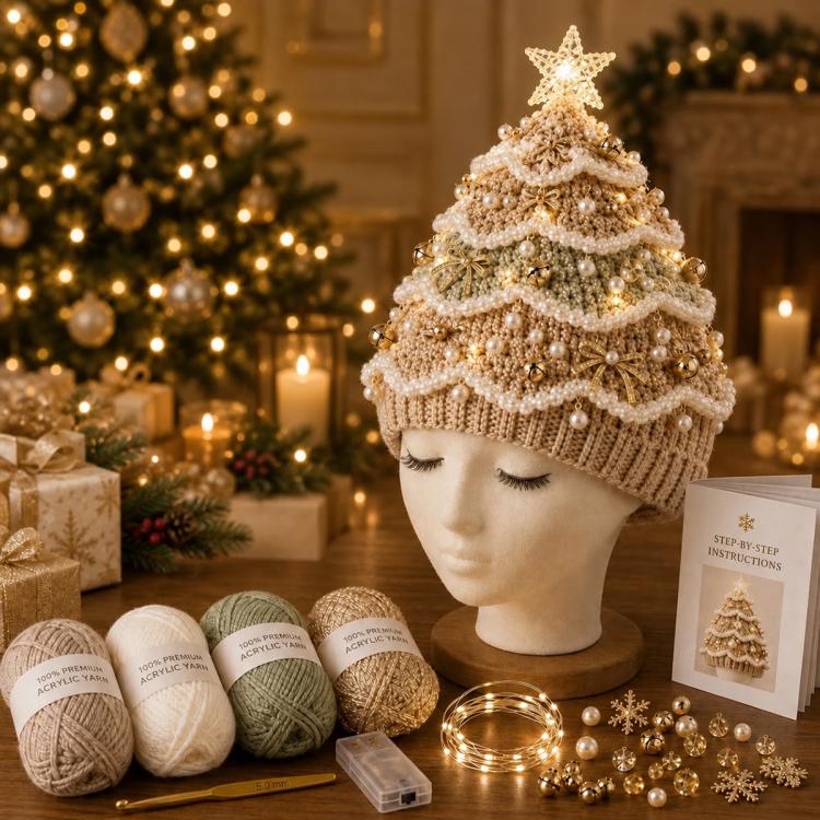 Lighted Christmas Tree Crochet Hat DIY Kit, Christmas, Halloween, Ice Crystals, Pearlescent, Candy Land, Rural Radiance, Blush Gold, Angel Blessing, Winter Forest, Vintage Village, Circus
