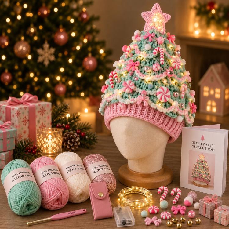 Lighted Christmas Tree Crochet Hat DIY Kit, Christmas, Halloween, Ice Crystals, Pearlescent, Candy Land, Rural Radiance, Blush Gold, Angel Blessing, Winter Forest, Vintage Village, Circus