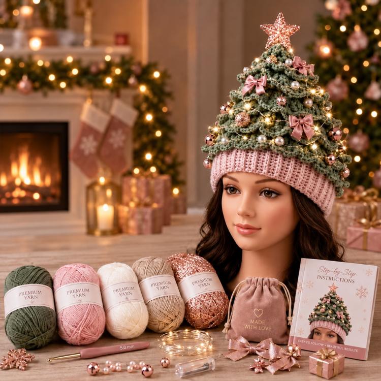 Lighted Christmas Tree Crochet Hat DIY Kit, Christmas, Halloween, Ice Crystals, Pearlescent, Candy Land, Rural Radiance, Blush Gold, Angel Blessing, Winter Forest, Vintage Village, Circus