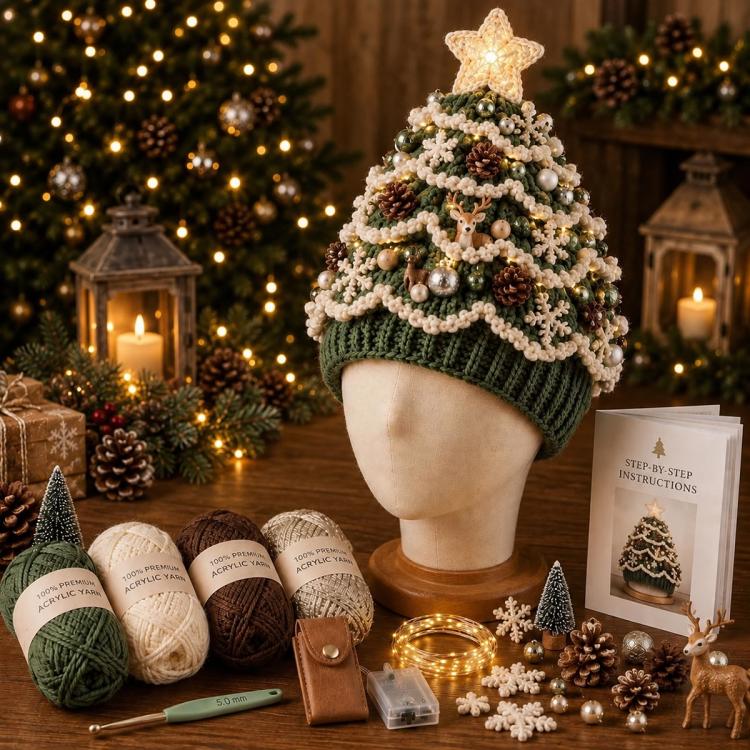 Lighted Christmas Tree Crochet Hat DIY Kit, Christmas, Halloween, Ice Crystals, Pearlescent, Candy Land, Rural Radiance, Blush Gold, Angel Blessing, Winter Forest, Vintage Village, Circus