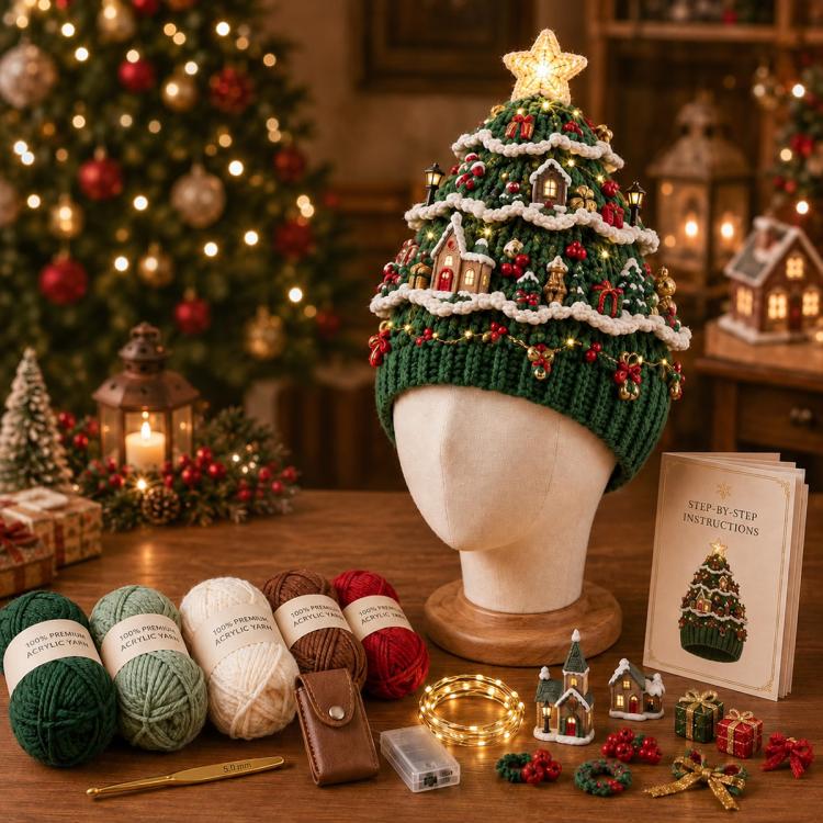 Lighted Christmas Tree Crochet Hat DIY Kit, Christmas, Halloween, Ice Crystals, Pearlescent, Candy Land, Rural Radiance, Blush Gold, Angel Blessing, Winter Forest, Vintage Village, Circus
