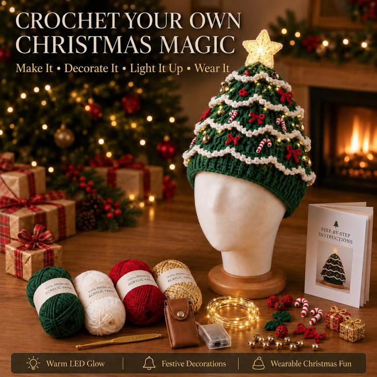 Lighted Christmas Tree Crochet Hat DIY Kit, Christmas, Halloween, Ice Crystals, Pearlescent, Candy Land, Rural Radiance, Blush Gold, Angel Blessing, Winter Forest, Vintage Village, Circus