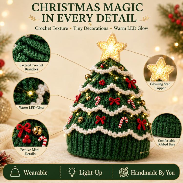 Lighted Christmas Tree Crochet Hat DIY Kit, Christmas, Halloween, Ice Crystals, Pearlescent, Candy Land, Rural Radiance, Blush Gold, Angel Blessing, Winter Forest, Vintage Village, Circus
