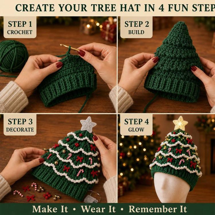 Lighted Christmas Tree Crochet Hat DIY Kit, Christmas, Halloween, Ice Crystals, Pearlescent, Candy Land, Rural Radiance, Blush Gold, Angel Blessing, Winter Forest, Vintage Village, Circus
