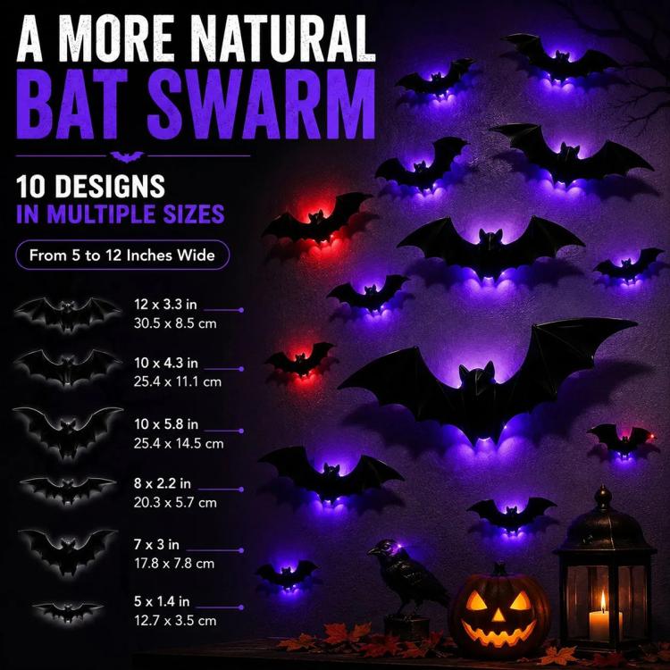 Halloween LED Glowing Bat Wall Decorations Kit, 12 PCS/Pack, 24 PCS/Pack, 36 PCS/Pack, 48 PCS/Pack, 60 PCS/Pack, 1 PC 3D