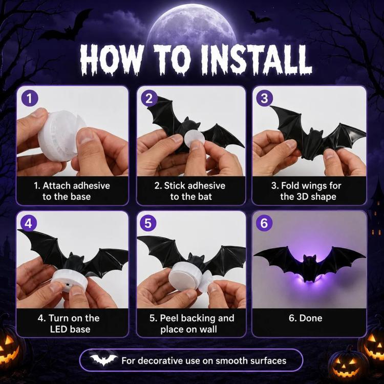 Halloween LED Glowing Bat Wall Decorations Kit, 12 PCS/Pack, 24 PCS/Pack, 36 PCS/Pack, 48 PCS/Pack, 60 PCS/Pack, 1 PC 3D