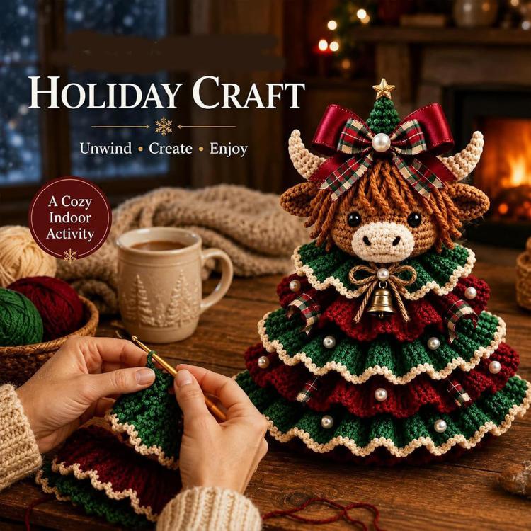 Crochet Animal Yarn Christmas Tree DIY Kit, Highland Cattle, Reindeer, Fox, Lamb, Owl, Kitten, Dachshund