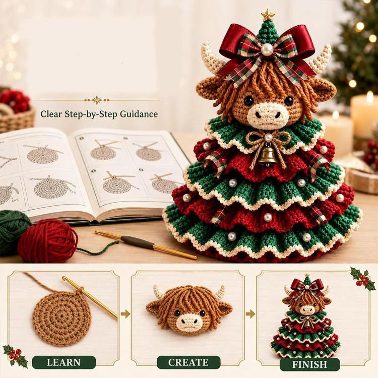 Crochet Animal Yarn Christmas Tree DIY Kit, Highland Cattle, Reindeer, Fox, Lamb, Owl, Kitten, Dachshund
