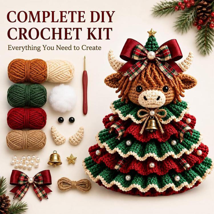 Crochet Animal Yarn Christmas Tree DIY Kit, Highland Cattle, Reindeer, Fox, Lamb, Owl, Kitten, Dachshund