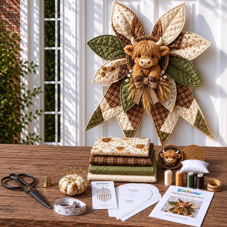Patchwork Bow Wreath Sewing DIY Kit, Sunflower, Red Sparrow, Christmas, Halloween, Freedom Festival, Autumn Harvest, Highland Cattle, Bee