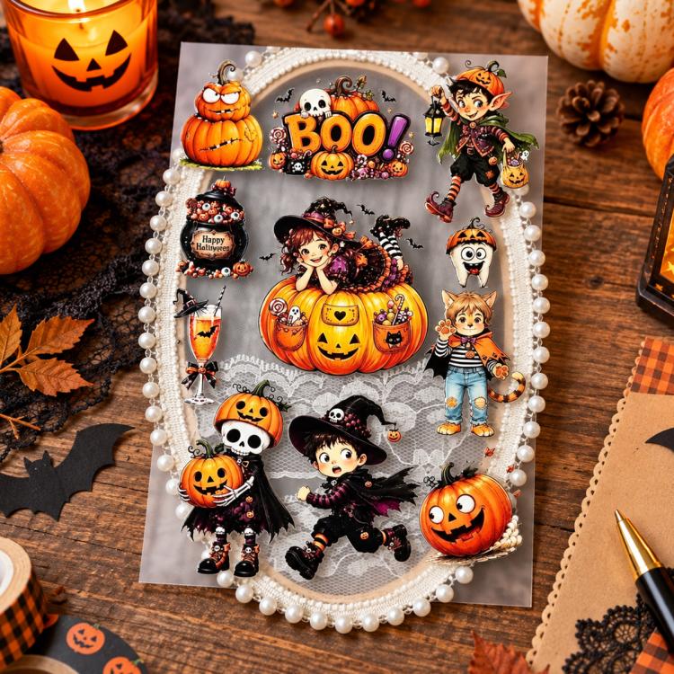 Halloween Embossed Cartoon Cute Stickers, Type A, Type B, Type C, Type D, 4 PCS