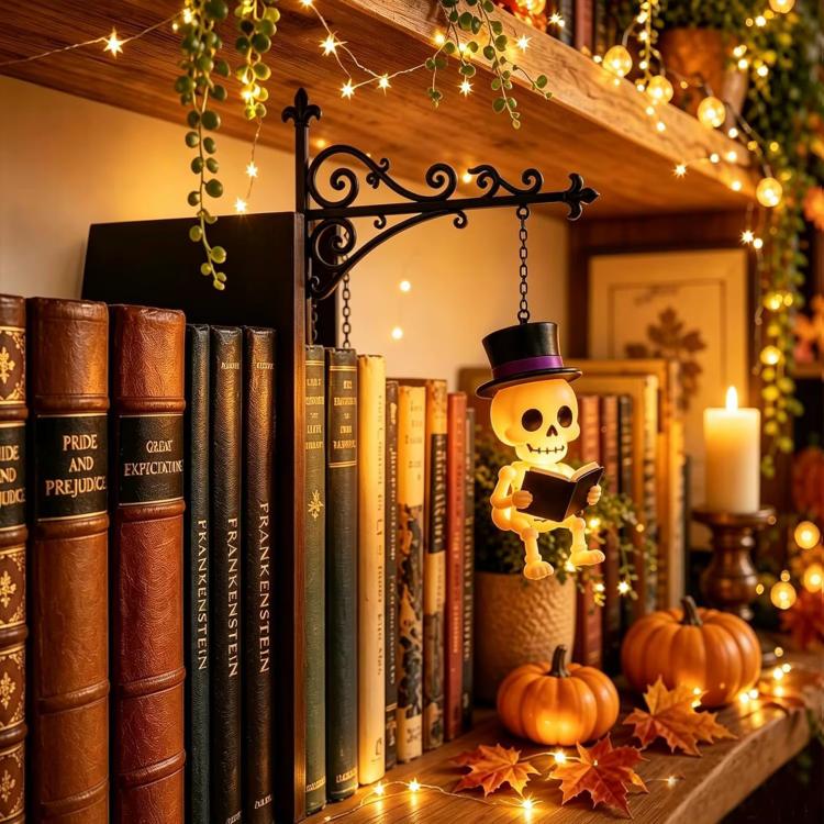 Halloween Style Hanging Bookshelf Night Light, Skull Reading, Ghost Pumpkin, Pumpkin Witch Hat, Bat