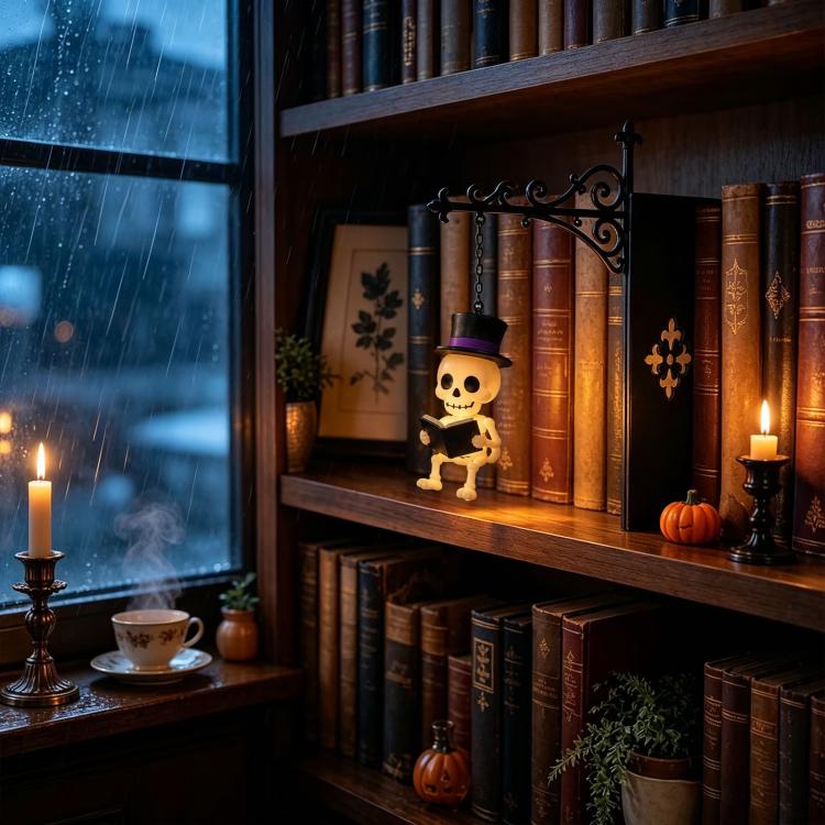 Halloween Style Hanging Bookshelf Night Light, Skull Reading, Ghost Pumpkin, Pumpkin Witch Hat, Bat