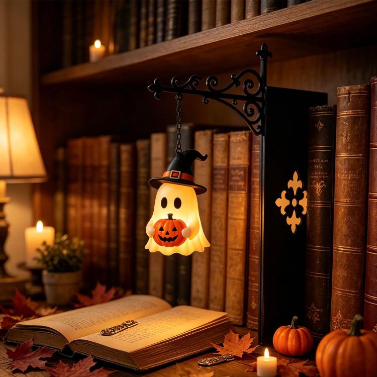 Halloween Style Hanging Bookshelf Night Light, Skull Reading, Ghost Pumpkin, Pumpkin Witch Hat, Bat