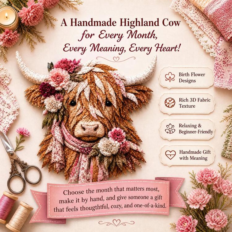 Highland Cow 3D Layered Fabric Art DIY Kit, January, February, March, April, May, June, July, August, September, October, November, December