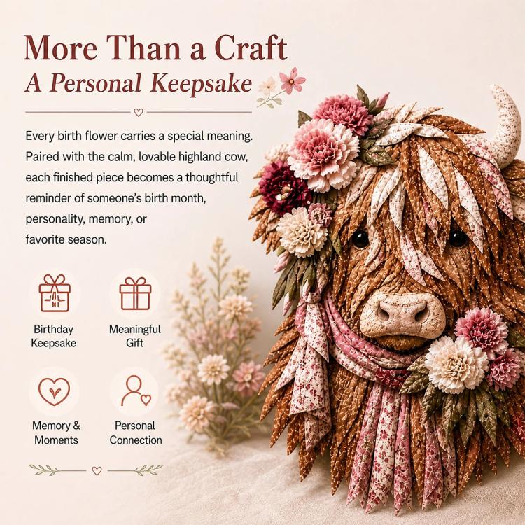 Highland Cow 3D Layered Fabric Art DIY Kit, January, February, March, April, May, June, July, August, September, October, November, December