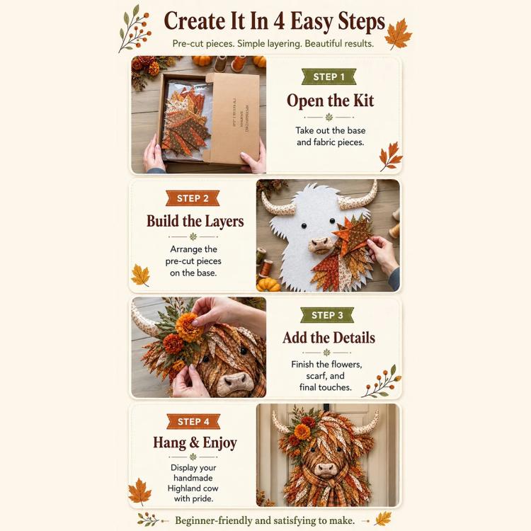 Highland Cow 3D Layered Fabric Art DIY Kit, January, February, March, April, May, June, July, August, September, October, November, December