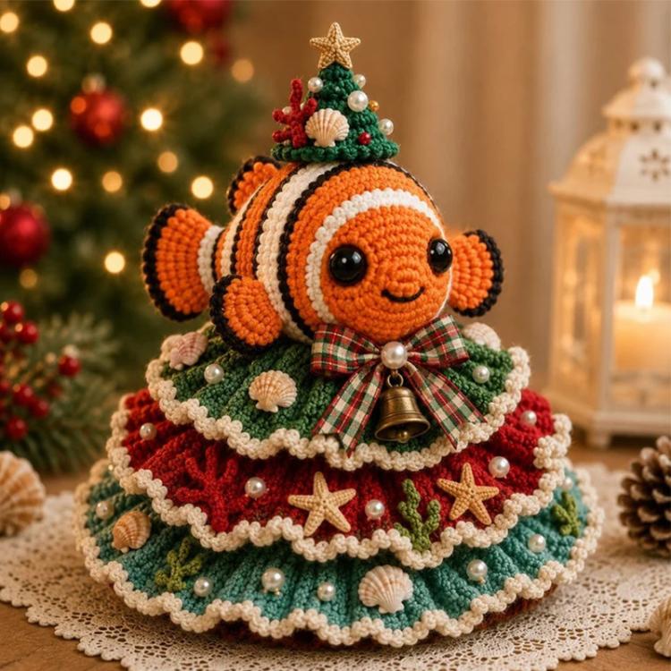Crochet Marine Animal Yarn Christmas Tree DIY Kit, Clownfish, Sea Turtle, Dolphin, Octopus, Seahorse, Crab, Whale, Manta Ray