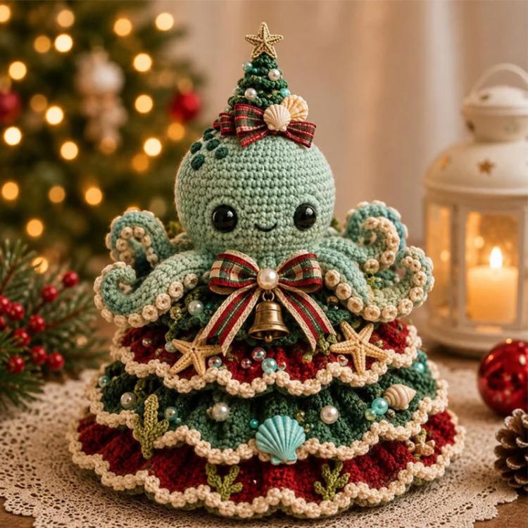 Crochet Marine Animal Yarn Christmas Tree DIY Kit, Clownfish, Sea Turtle, Dolphin, Octopus, Seahorse, Crab, Whale, Manta Ray
