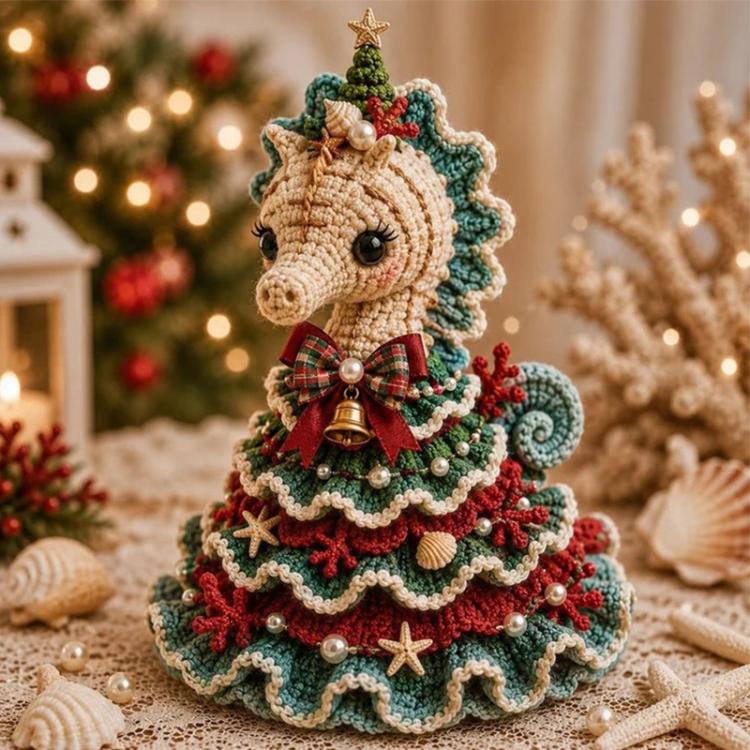 Crochet Marine Animal Yarn Christmas Tree DIY Kit, Clownfish, Sea Turtle, Dolphin, Octopus, Seahorse, Crab, Whale, Manta Ray