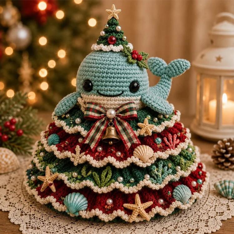 Crochet Marine Animal Yarn Christmas Tree DIY Kit, Clownfish, Sea Turtle, Dolphin, Octopus, Seahorse, Crab, Whale, Manta Ray