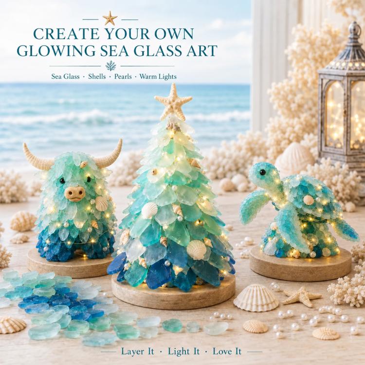 3D DIY Sea Glass Art Kit with LED Lights, Christmas Tree, Highland Cattle, Sea Turtle, Whale, Octopus, Dachshund, Little Gnome, Penguin, Snowman, Conch