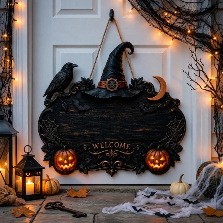 Custom Halloween Witch Welcome Door Sign, Wooden Doorplate, Wrought Iron Doorplate, Acrylic Doorplate
