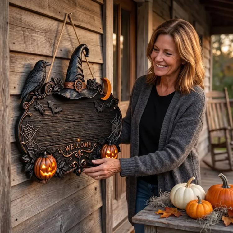 Custom Halloween Witch Welcome Door Sign, Wooden Doorplate, Wrought Iron Doorplate, Acrylic Doorplate