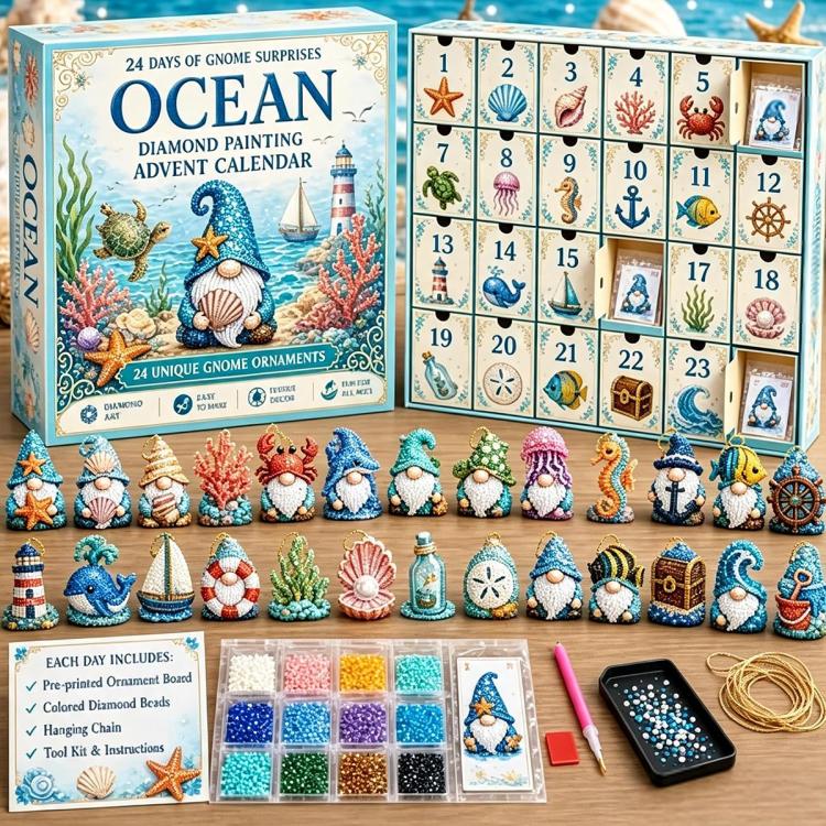 Diamond Painting Advent Calendar, Countdown Calendar DIY Craft Kit, Halloween Gnome, Christmas Gnome, Plant Gnome, Flower Gnome, Ocean Gnome