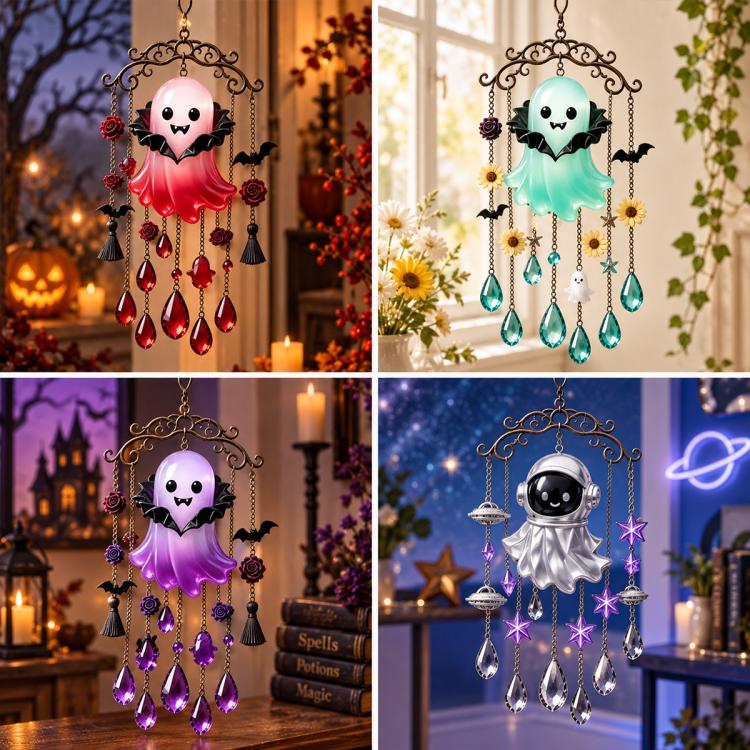 Halloween Vampire Ghost Wind Chime, Ghost, Black Cat, Crow, Pumpkin, Witch, Red Vampire, Blue Vampire, Purple Vampire, Astronaut Vampire, 4 in 1 Mixed Color Vampire