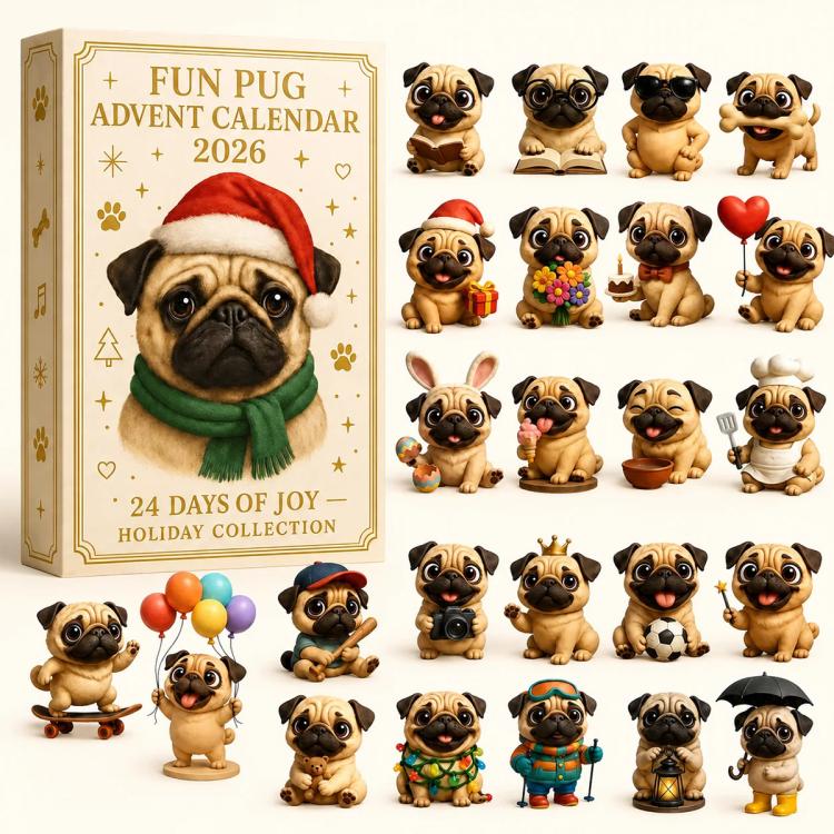 2026 Christmas Fun Pug Advent Calendar, 24 Days Surprise Figurine Gift Box
