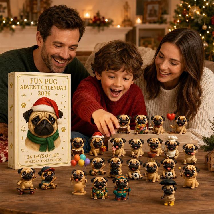 2026 Christmas Fun Pug Advent Calendar, 24 Days Surprise Figurine Gift Box
