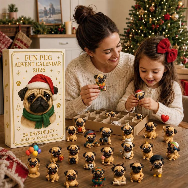 2026 Christmas Fun Pug Advent Calendar, 24 Days Surprise Figurine Gift Box