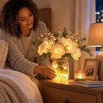 LED Faux Flower Bouquet Glass Bottle Decorative Light Desktop Ornament, 7CM x 7CM x 13CM