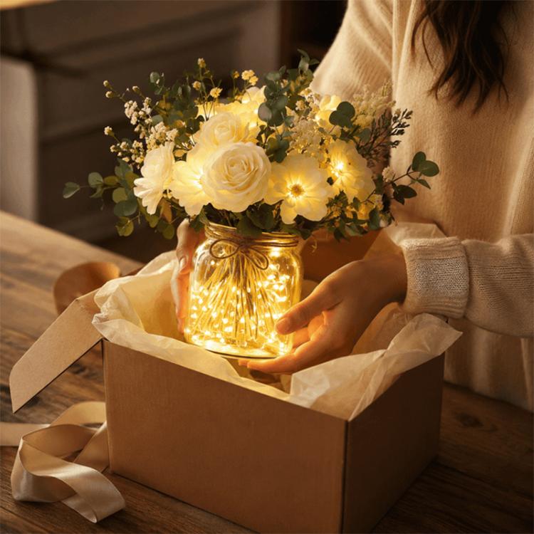 LED Faux Flower Bouquet Glass Bottle Decorative Light Desktop Ornament, 7CM x 7CM x 13CM