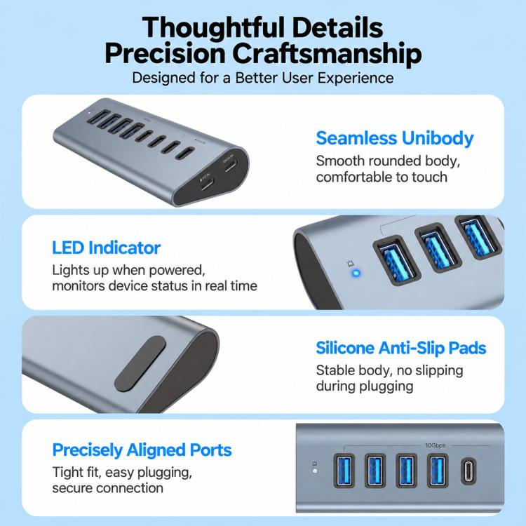 HAS-4A4C 4 USB-A & 4 USB-C 10Gbps PD60W Max Output USB 3.2 HUB, HAS-4A4C